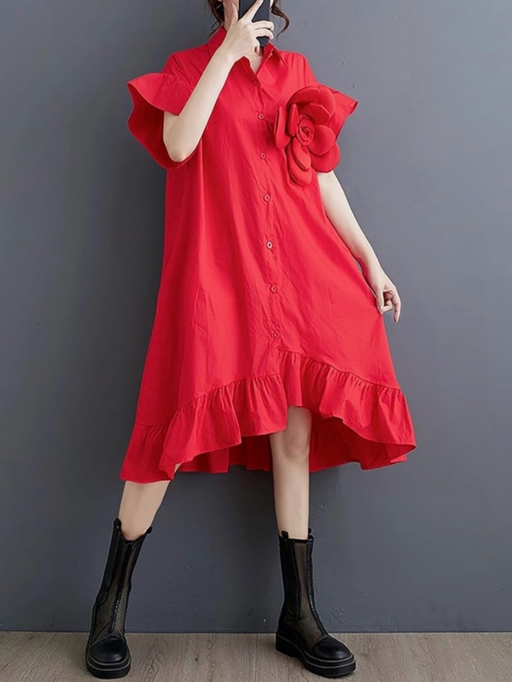 Red Dress Boutique Vibrant Red High-Low Shirt Dress with Floral Accent
